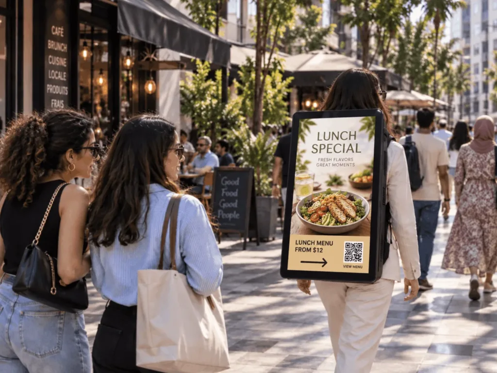 Écran publicitaire mobile MoovCom pour la promotion d’un restaurant ou d’un café