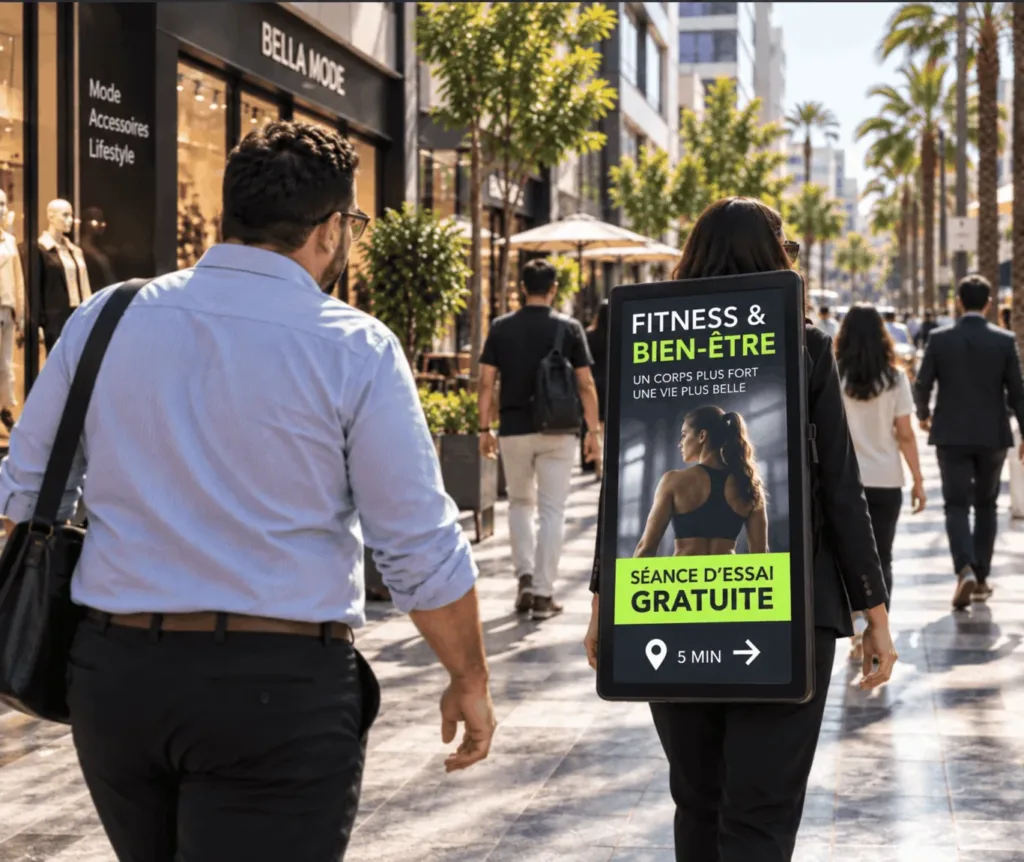 Écran publicitaire mobile MoovCom pour une salle de sport